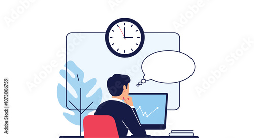 Focused man sitting at a desk and working on a computer with a large clock and an empty thought bubble to represent time management and ideas.