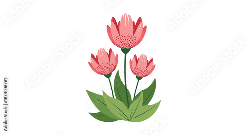 Delicate pink flowers bloom gracefully among lush green leaves on a clean white background in this minimalist botanical illustration.