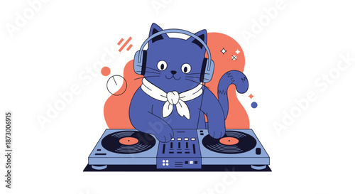 Energetic blue cat wearing a white scarf and headphones performs as a DJ with dual turntables and audio mixing equipment.