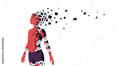 Stylized illustration depicting a human figure made of red stone or clay crumbling and breaking apart into fragments.