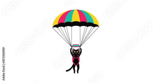 Whimsical cartoon illustration of a cute black cat wearing a pink harness while descending slowly with a colorful parachute.