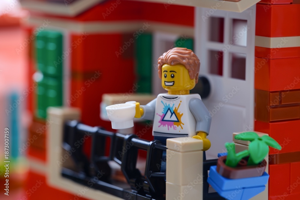 Obraz premium Tambov, Russian Federation - January 04, 2026 A Lego man minifigure standing on a balcony with a cup of coffee.