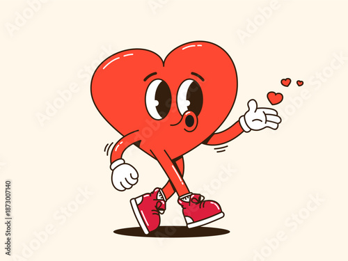 Vintage heart character blowing kiss. Romantic Vector illustration for Valentine branding, greeting cards, invitations
