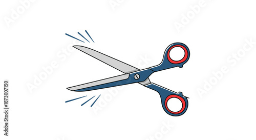 Professional pair of blue and red handled steel scissors shown open and ready for cutting paper, fabric, or hair.