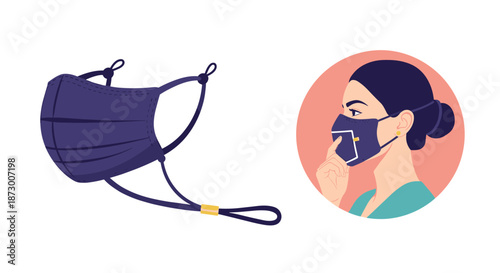 Innovative blue fabric face mask with a small rectangular opening on the side for easier communication or utility.