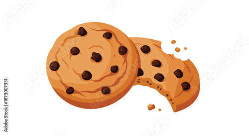 Two fresh chocolate chip cookies with one having large bite taken out, delicious snack and food vector illustration design art.