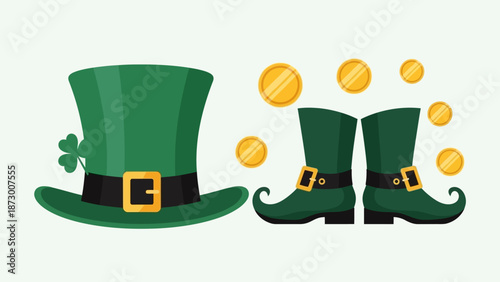 Celebration of Irish heritage with festive hat and boots surrounded by gold coins