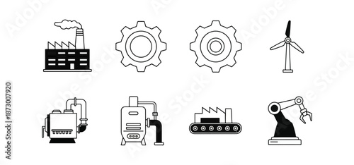 Industrial icons set factory machinery wind turbine automation