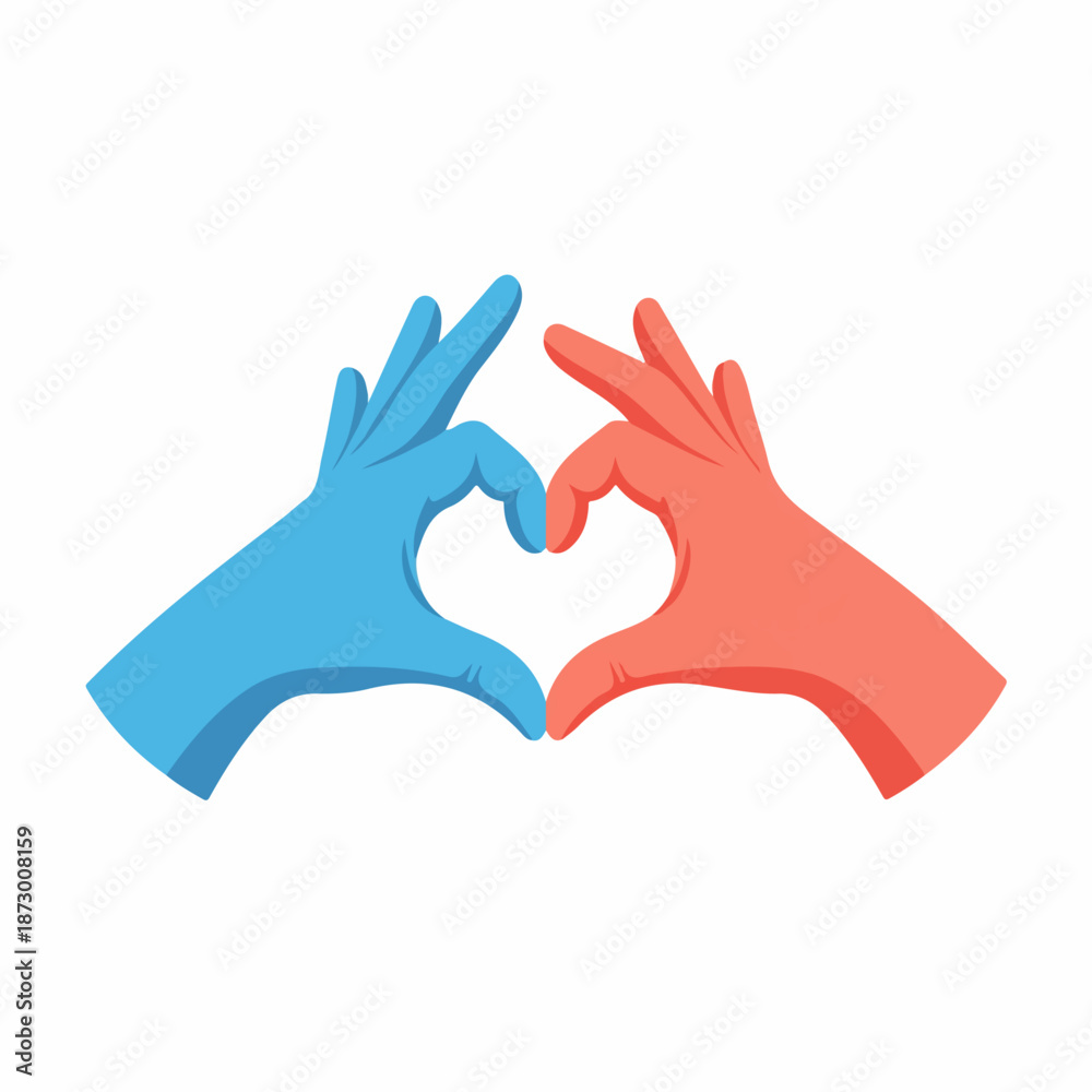 Fototapeta premium Two gloved hands, one blue and one red, form a heart shape, symbolizing love, care, and support. Ideal for healthcare, solidarity, or Valentine's Day themes.