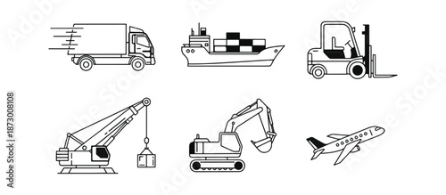 Transportation icons truck ship forklift crane excavator airplane