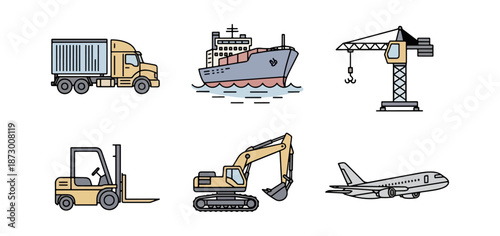 Transportation vehicles illustration truck ship crane forklift excavator airplane