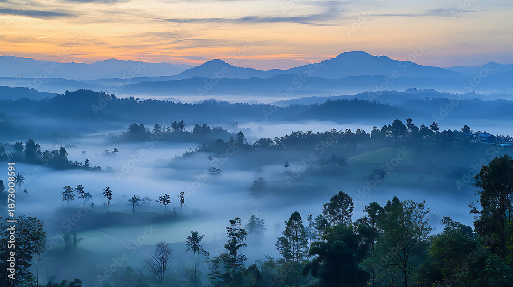 Fototapeta premium Beautiful Foggy Mountain Landscape with Trees