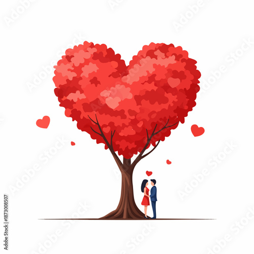 An illustration of a loving couple standing under a beautiful heart-shaped tree, surrounded by small hearts, symbolizing romance, affection, and connection.