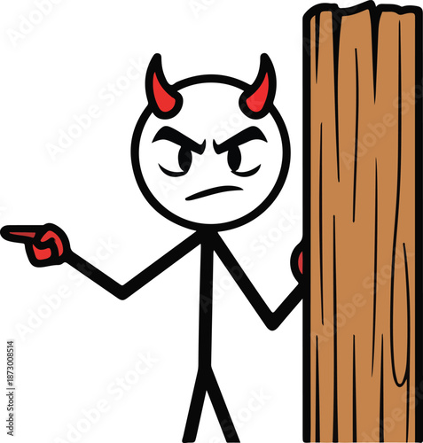Cartoon devil character pointing finger.