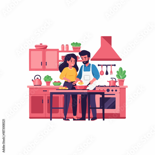 A happy couple cooking together in a modern kitchen, preparing a meal with joy. Flat vector illustration.
