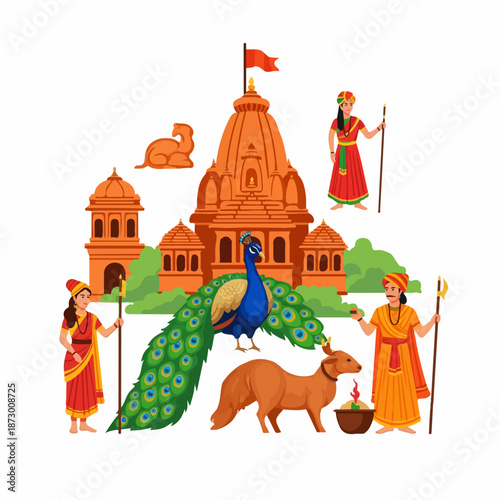 Vibrant illustration of a Hindu temple with traditional Indian figures, a peacock, and sacred animals like a cow and Nandi bull, symbolizing Indian culture and spirituality.