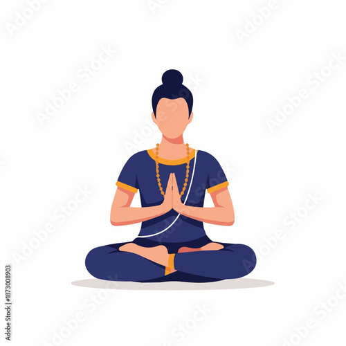 A person meditating in the lotus position with hands in Namaste, wearing traditional spiritual attire and prayer beads. This flat vector illustration symbolizes peace, mindfulness, yoga, and devotion.