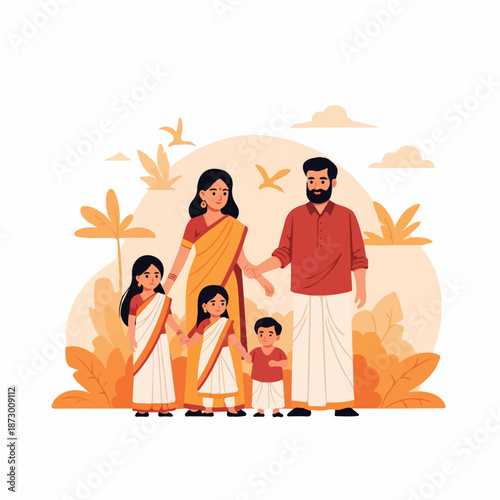 Illustration of a joyful South Indian family, parents and three children, wearing traditional attire, symbolizing unity, cultural heritage, and happiness.