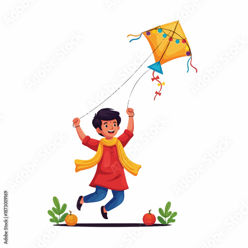 A cheerful Indian boy in traditional attire joyfully flies a vibrant yellow kite, celebrating a festival or outdoor fun with a big smile.
