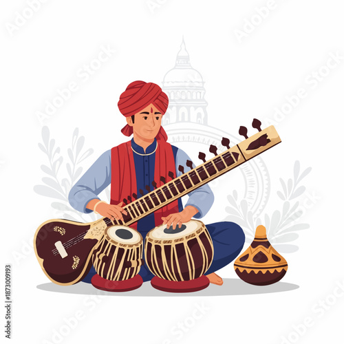 A man in traditional Indian attire plays a sitar and tabla drums, showcasing classical Indian music and cultural heritage with a subtle architectural background.