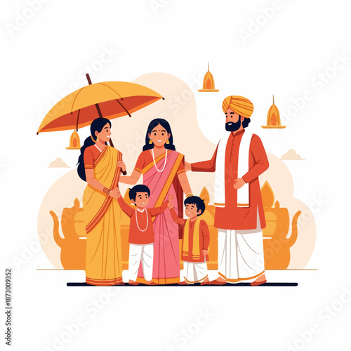 A happy Indian family in traditional attire, including parents and two young boys, celebrating a cultural event with an umbrella and traditional lamps.