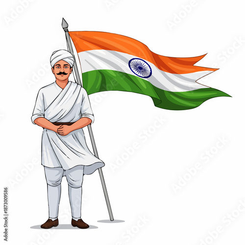 Patriotic Indian man in traditional attire proudly stands with a waving Indian flag, symbolizing national pride, independence, and cultural heritage. Perfect for national holidays.