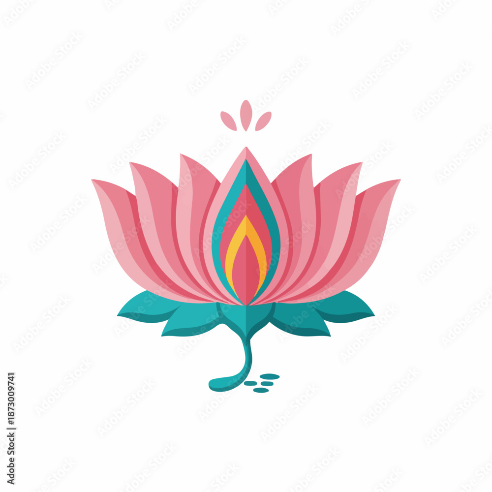 Obraz premium A vibrant, stylized lotus flower illustration with pink petals, teal leaves, and a colorful center, symbolizing peace, purity, and spiritual growth. Perfect for design projects.
