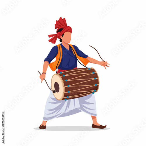 Vibrant vector illustration of a person in traditional Indian attire playing a Dholak drum, depicting cultural music, celebration, and folk art. Ideal for cultural events.