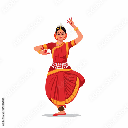 Vibrant illustration of an Indian classical dancer in traditional red attire, performing an elegant pose with expressive hand gestures.
