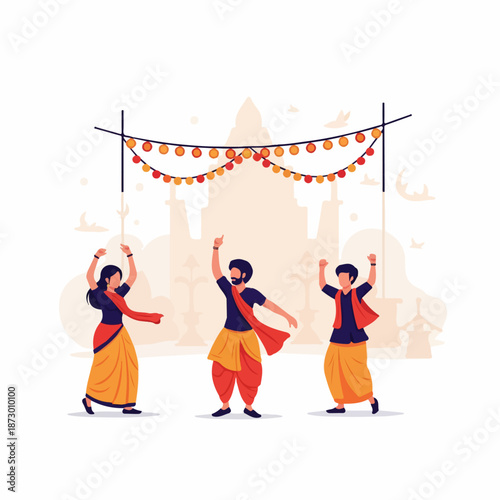 Joyful Indian dancers in traditional attire celebrating a cultural festival with festive string lights and a temple silhouette in the background. Vibrant illustration of cultural celebration.