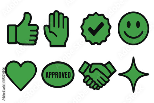 Green thumbs up heart approved handshake smiley star symbol open palm