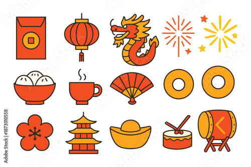 Chinese New Year red envelope lantern dragon fireworks dumplings tea fan gold ingot pagoda drum