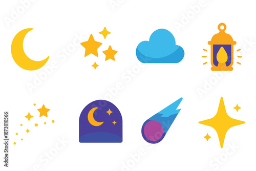 Yellow crescent moon blue cloud orange lantern shooting star stars