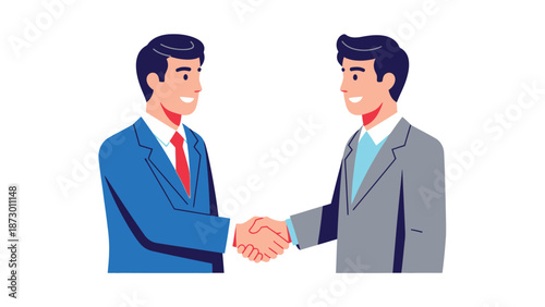 Two smiling businessmen in suits shaking hands firmly representing a successful deal closure or partnership agreement initiation