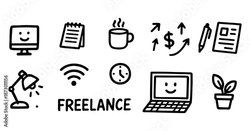 Freelance Work From Home Doodle Icons Set - Remote Job, Home Office and Online Work