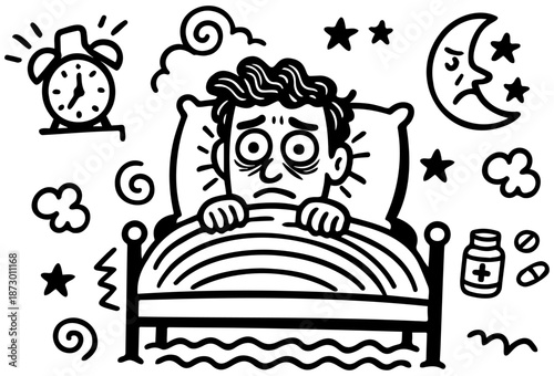 Sleep Deprivation and Insomnia Doodle Illustration – Tired Person, Night Thoughts and Fatigue