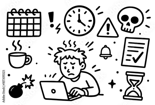 Work Deadlines and Stress Doodle Illustration – Overworked Man, Time Pressure and Productivity