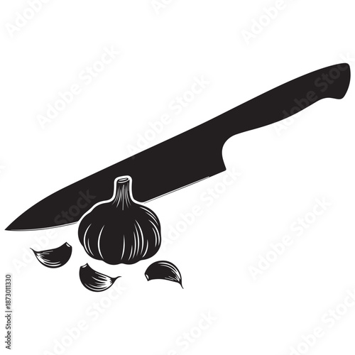 Black silhouette of kitchen knife and garlic cloves on white