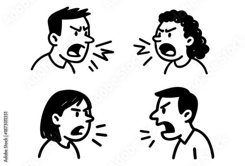 Anger and Conflict Doodle Faces Set - People Expressing Stress, Frustration and Aggression