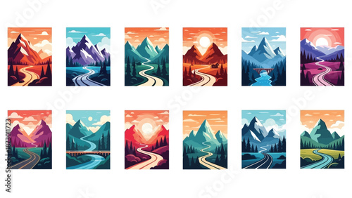 Collection of stylized vector illustrations depicting winding roads traveling through majestic mountain landscapes under various colorful atmospheric skies and settings