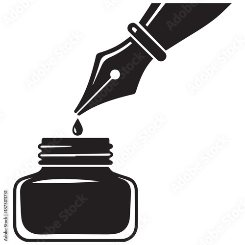 Elegant fountain pen nib dipping into inkwell