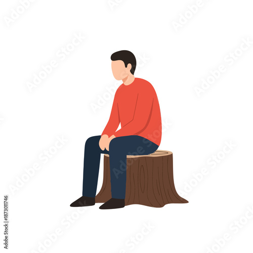 Man Sitting on Tree Stump, Solitude, Outdoor, Nature, White Background