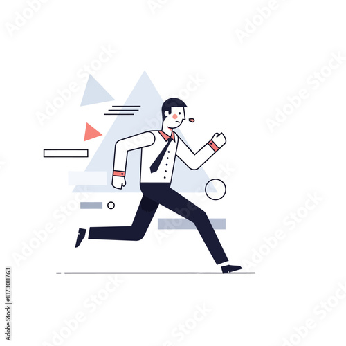 Businessman Running Fast, Sweating, Business Rush Concept, Flat Design