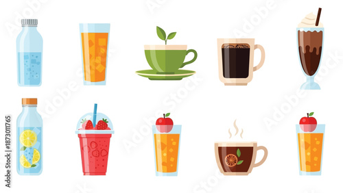 Collection of ten diverse beverage icons showing sparkling water iced tea hot coffee green tea fruit smoothie chocolate milkshake and apple juice illustrations