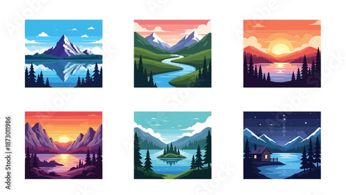 Collection of six distinct stylized vector illustrations showcasing beautiful mountain and lake landscapes under various atmospheric conditions and times of day
