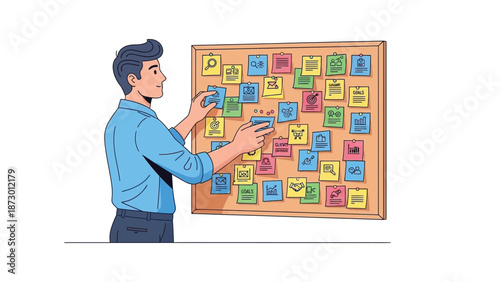 Determined businessman actively organizing colorful sticky notes displaying various project milestones and business goals on a large cork bulletin board for strategic planning