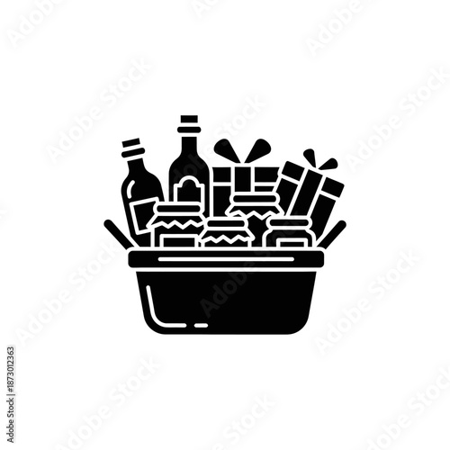 Gift Basket Silhouette Icon: Food, Wine, Jars, and Presents