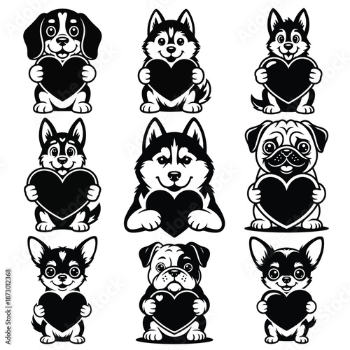Adorable Canine Companions: A heartwarming collection of charming dog illustrations, each holding a loving heart, perfect for expressing affection. 