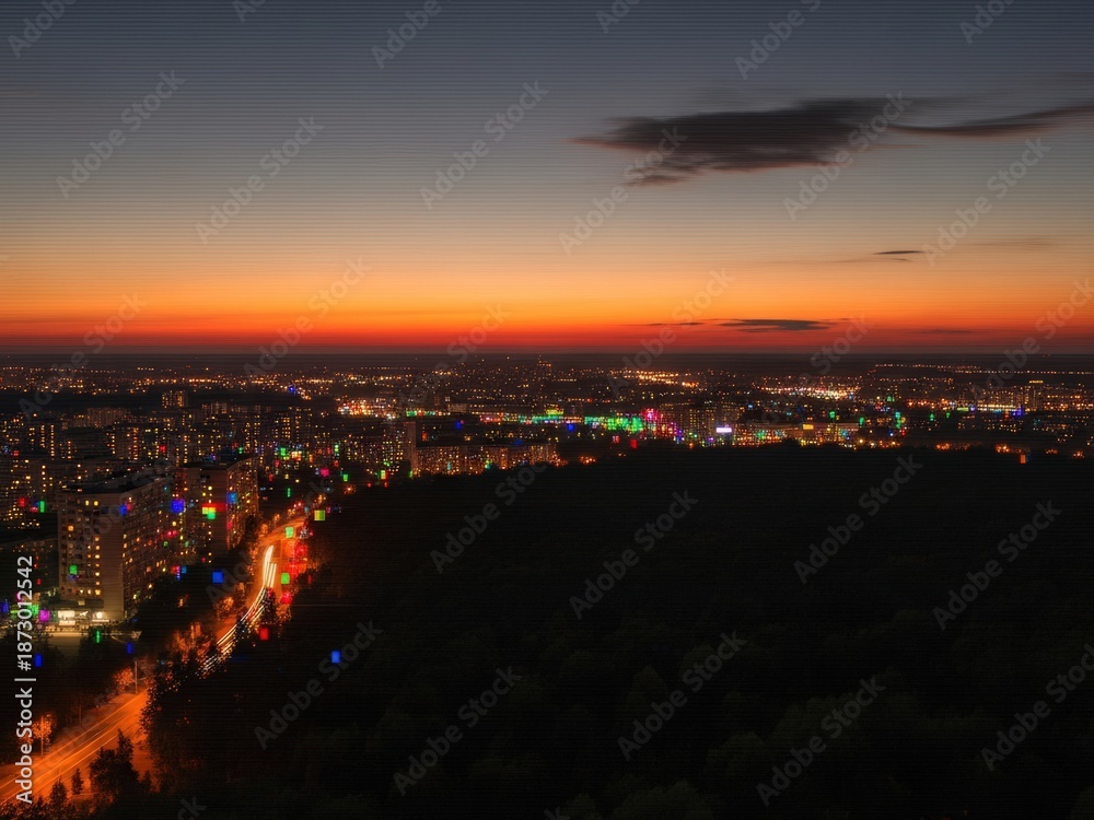 Fototapeta premium Elevated panoramic view of a city at sunset showing bright twilight colors, scattered urban lights, dark forest, and prominent colorful digital glitch artifacts.