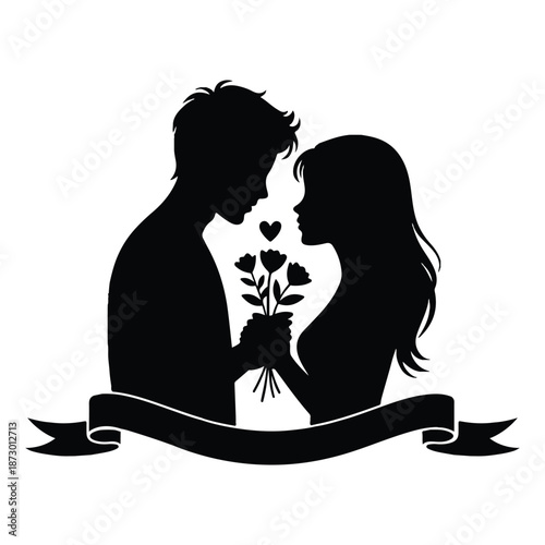 Silhouette of Love: A romantic silhouette captures a tender moment, where a gentleman offers a bouquet to a lady, symbolizing affection, love, and the start of a beautiful relationship.
